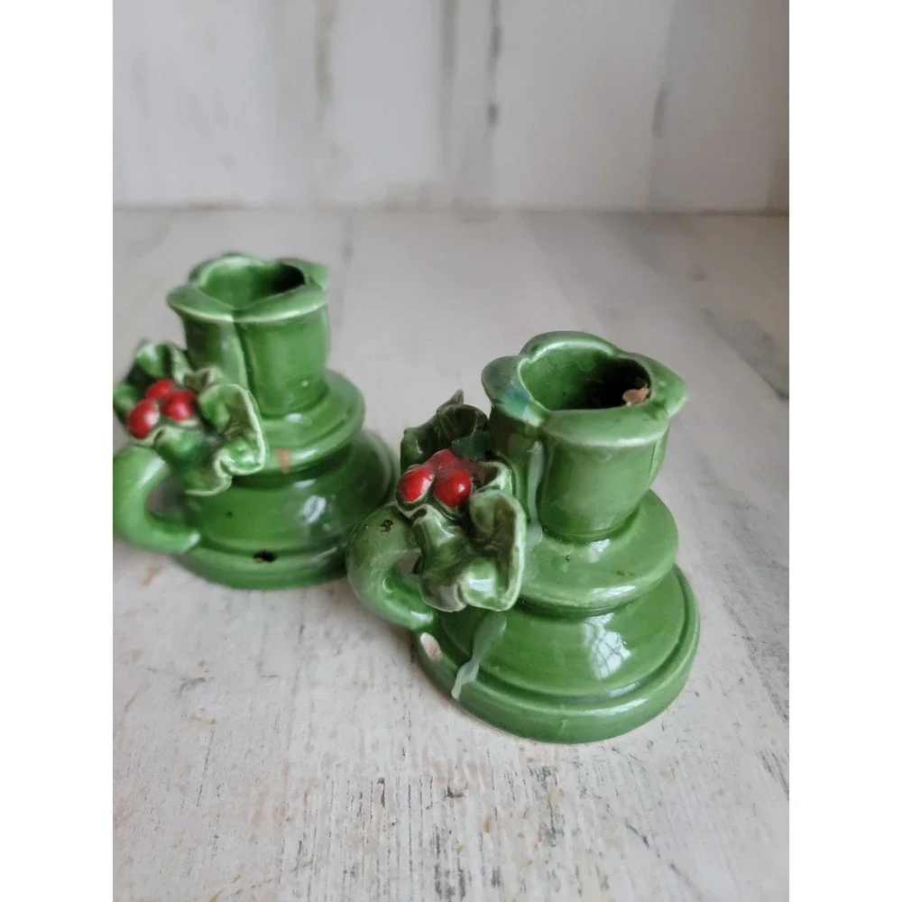 Ceramic mistletoe Holly candle stick green ceramic Xmas set home decor